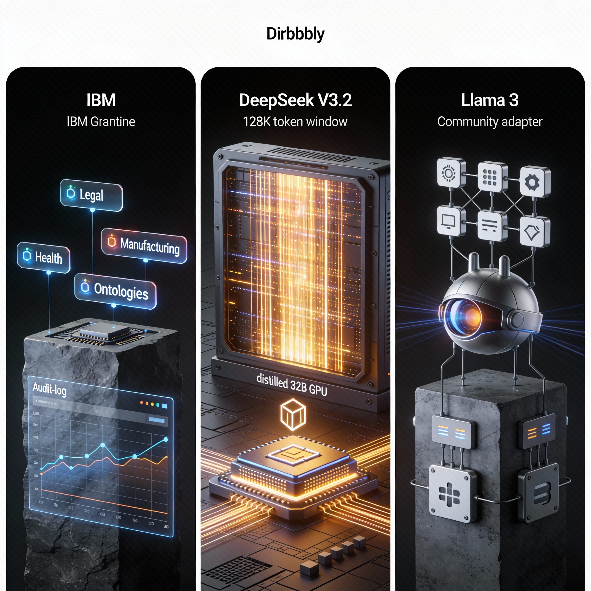 Three‑panel illustration of IBM Granite, DeepSeek V3.2, and Llama 3 highlighting domain enrichment, long‑context reasoning, and community adapters